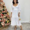 Vestido Midi Luiza Branco sem Bojo Manga 3/4 com Amarração - Fernanda Ramos Store