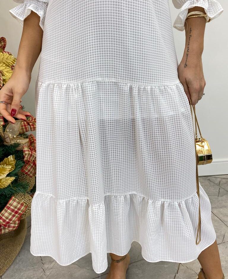 Vestido Midi Luiza Branco sem Bojo Manga 3/4 com Amarração - Fernanda Ramos Store