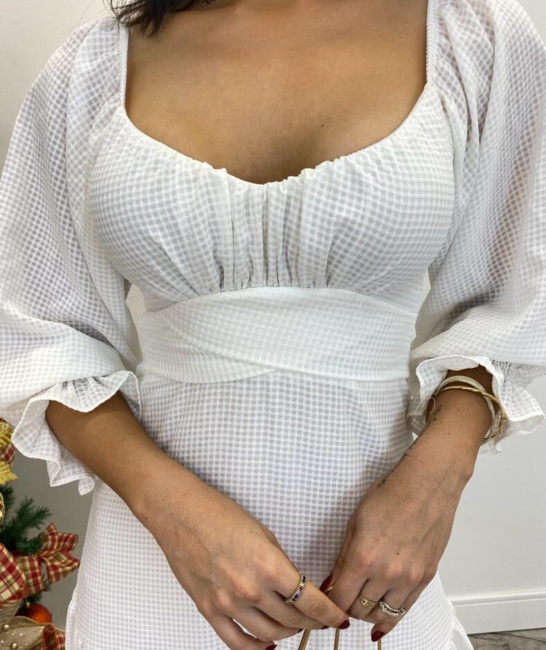 Vestido Midi Luiza Branco sem Bojo Manga 3/4 com Amarração - Fernanda Ramos Store