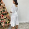 Vestido Midi Luiza Branco sem Bojo Manga 3/4 com Amarração - Fernanda Ramos Store