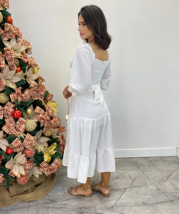 Vestido Midi Luiza Branco sem Bojo Manga 3/4 com Amarração - Fernanda Ramos Store