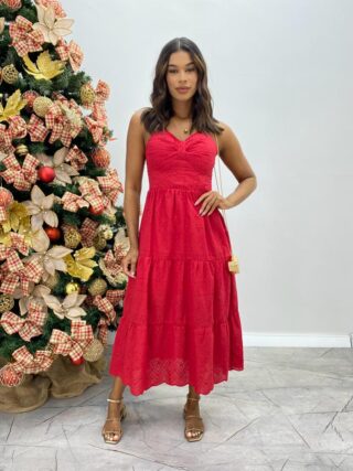 Vestido Midi Luiza com Alça Regulável e Bojo de Laise Vermelho - Fernanda Ramos Store