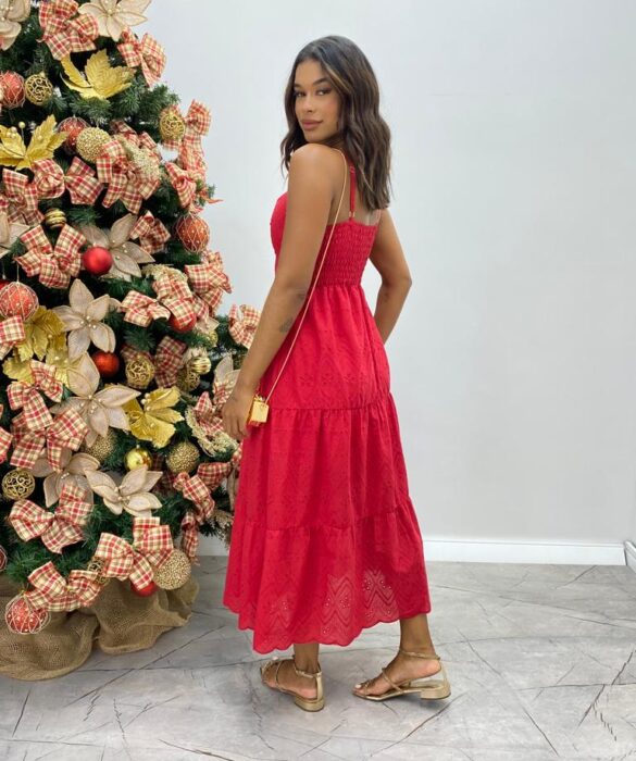 Vestido Midi Luiza com Alça Regulável e Bojo de Laise Vermelho - Fernanda Ramos Store