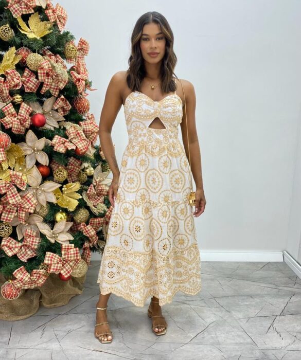 Vestido Midi Luiza com Bojo de Laise com Abertura Branco - Fernanda Ramos Store