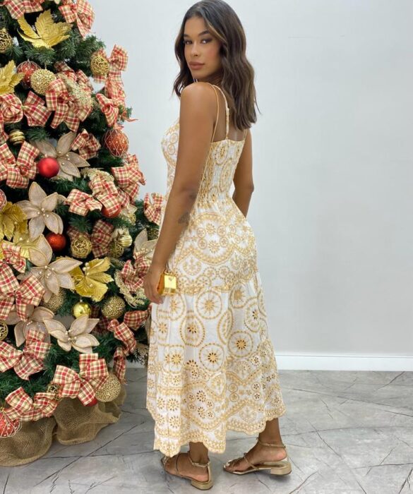 Vestido Midi Luiza com Bojo de Laise com Abertura Branco - Fernanda Ramos Store