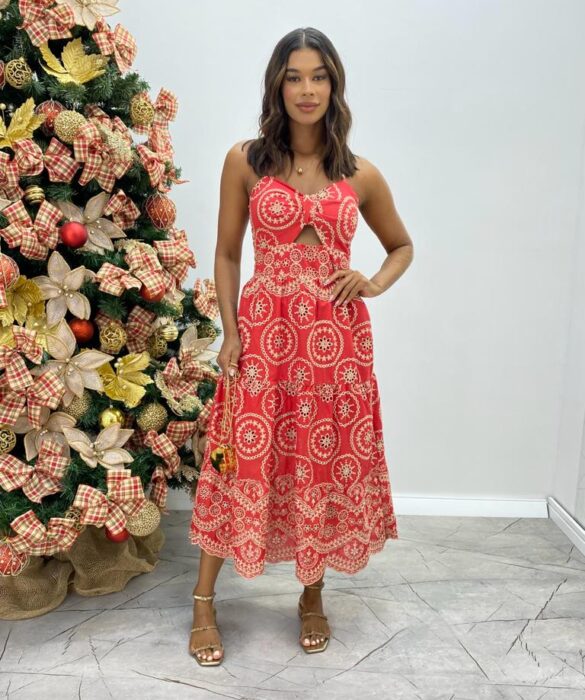 Vestido Midi Luiza com Bojo de Laise com Abertura Vermelho - Fernanda Ramos Store