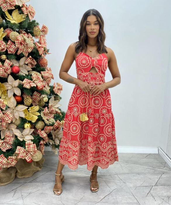 Vestido Midi Luiza com Bojo de Laise com Abertura Vermelho - Fernanda Ramos Store