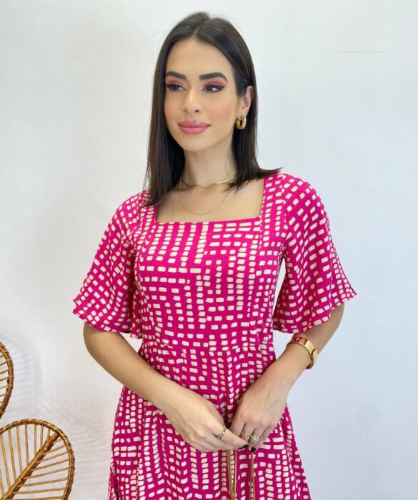 Vestido Midi Manga Curta Raquel sem Bojo Estampado Pink - Fernanda Ramos Store