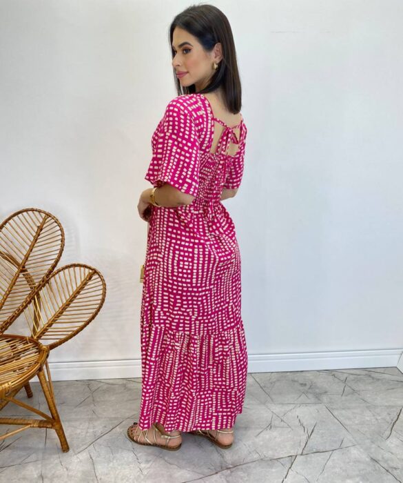 Vestido Midi Manga Curta Raquel sem Bojo Estampado Pink - Fernanda Ramos Store