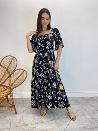 Vestido Midi Manga Curta Raquel sem Bojo Estampado Preto - Fernanda Ramos Store