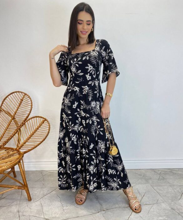 Vestido Midi Manga Curta Raquel sem Bojo Estampado Preto - Fernanda Ramos Store