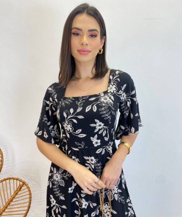 Vestido Midi Manga Curta Raquel sem Bojo Estampado Preto - Fernanda Ramos Store