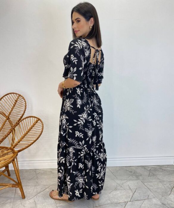 Vestido Midi Manga Curta Raquel sem Bojo Estampado Preto - Fernanda Ramos Store