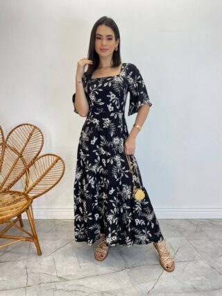 Vestido Midi Manga Curta Raquel sem Bojo Estampado Preto - Fernanda Ramos Store