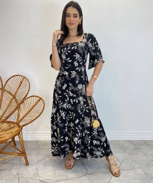 Vestido Midi Manga Curta Raquel sem Bojo Estampado Preto - Fernanda Ramos Store