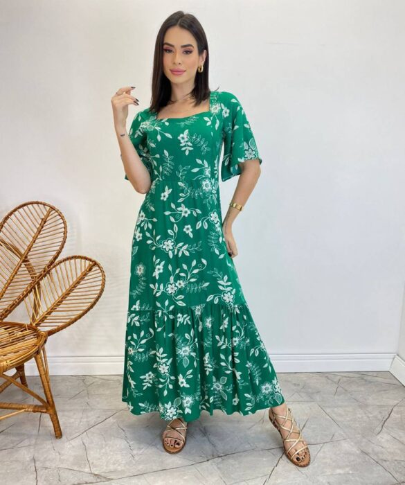 Vestido Midi Manga Curta Raquel sem Bojo Estampado Verde - Fernanda Ramos Store