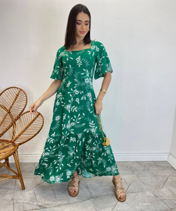 Vestido Midi Manga Curta Raquel sem Bojo Estampado Verde - Fernanda Ramos Store