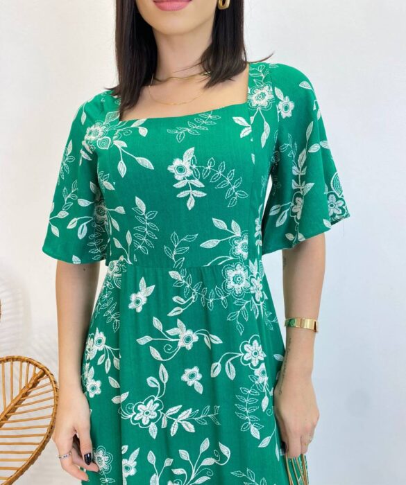 Vestido Midi Manga Curta Raquel sem Bojo Estampado Verde - Fernanda Ramos Store