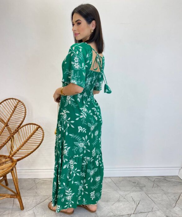 Vestido Midi Manga Curta Raquel sem Bojo Estampado Verde - Fernanda Ramos Store