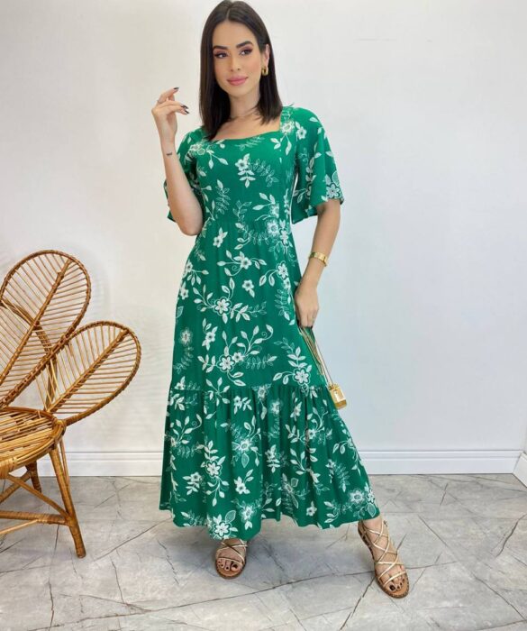 Vestido Midi Manga Curta Raquel sem Bojo Estampado Verde - Fernanda Ramos Store