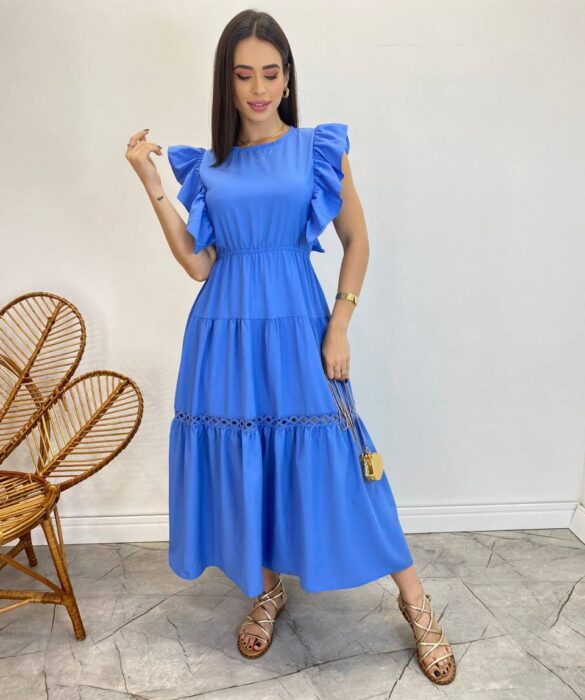 Vestido Midi sem Bojo Aurora com Babado Azul - Fernanda Ramos Store