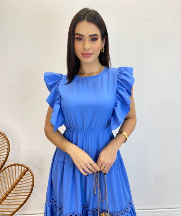 Vestido Midi sem Bojo Aurora com Babado Azul - Fernanda Ramos Store