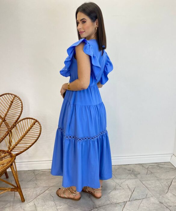 Vestido Midi sem Bojo Aurora com Babado Azul - Fernanda Ramos Store