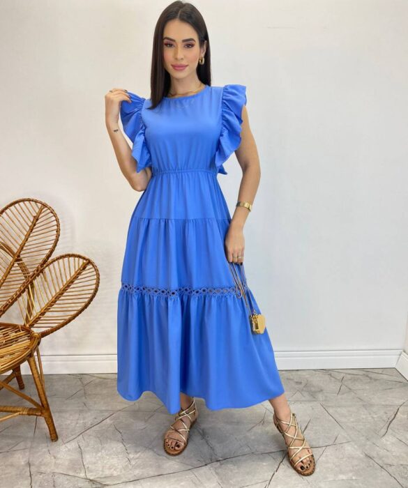 Vestido Midi sem Bojo Aurora com Babado Azul - Fernanda Ramos Store