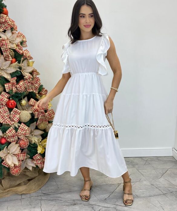 Vestido Midi sem Bojo Aurora com Babado Branco - Fernanda Ramos Store