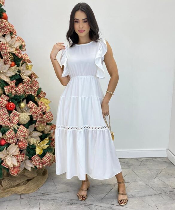 Vestido Midi sem Bojo Aurora com Babado Branco - Fernanda Ramos Store