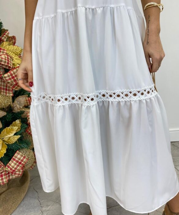 Vestido Midi sem Bojo Aurora com Babado Branco - Fernanda Ramos Store