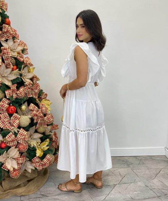 Vestido Midi sem Bojo Aurora com Babado Branco - Fernanda Ramos Store