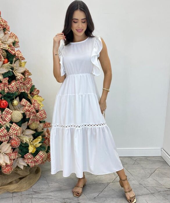 Vestido Midi sem Bojo Aurora com Babado Branco - Fernanda Ramos Store