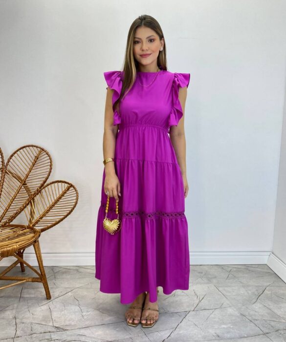 Vestido Midi sem Bojo Aurora com Babado Fúcsia - Fernanda Ramos Store