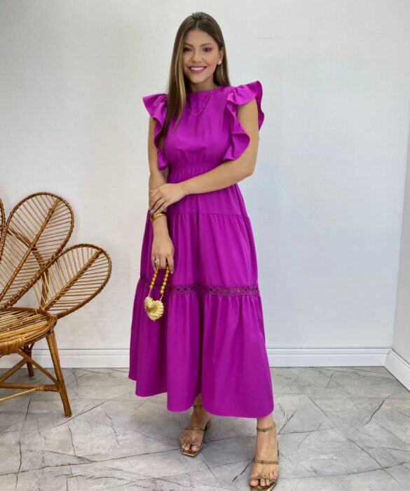 Vestido Midi sem Bojo Aurora com Babado Fúcsia - Fernanda Ramos Store