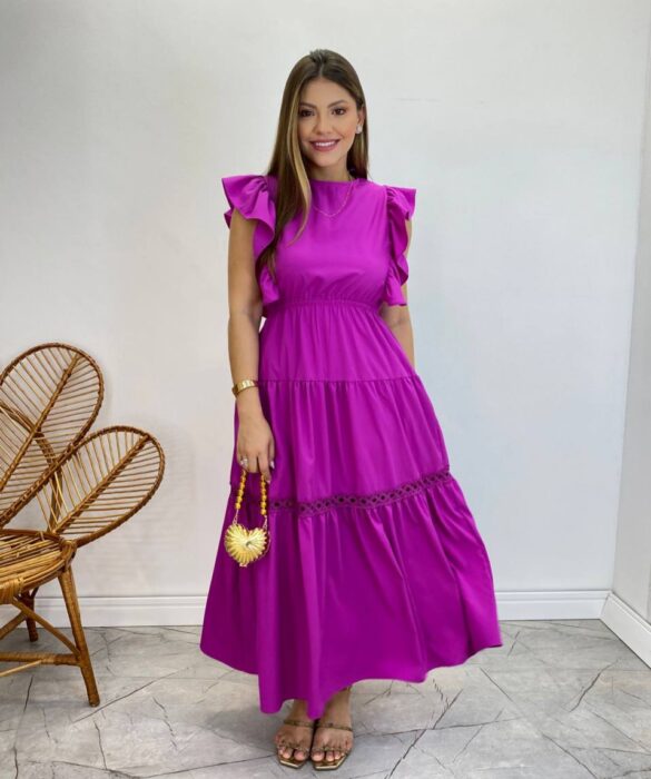 Vestido Midi sem Bojo Aurora com Babado Fúcsia - Fernanda Ramos Store