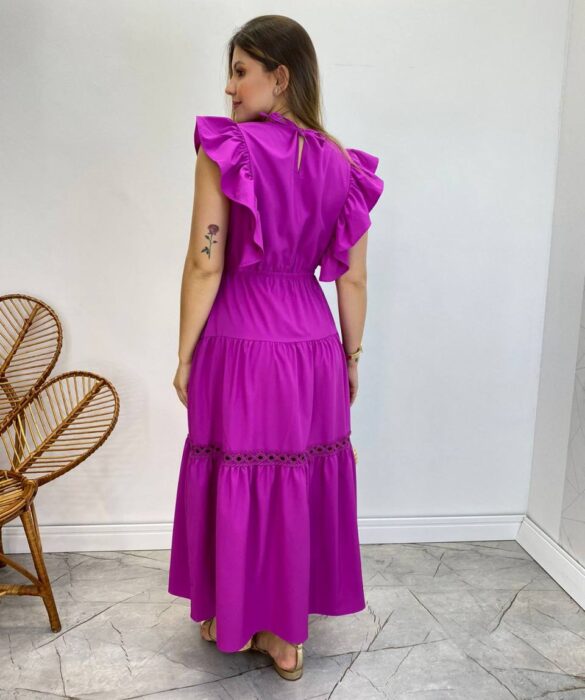 Vestido Midi sem Bojo Aurora com Babado Fúcsia - Fernanda Ramos Store