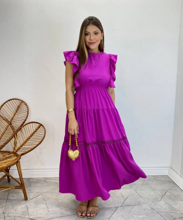 Vestido Midi sem Bojo Aurora com Babado Fúcsia - Fernanda Ramos Store