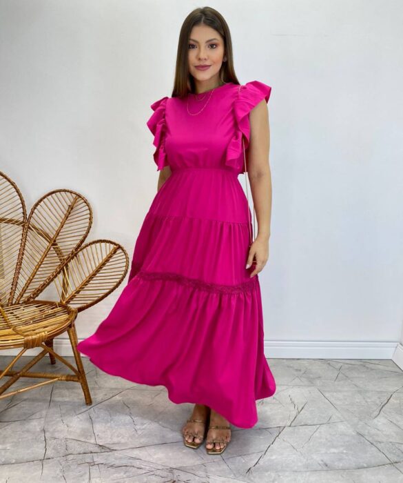 Vestido Midi sem Bojo Aurora com Babado Pink - Fernanda Ramos Store