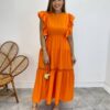 Vestido Midi sem Bojo Aurora com Babado Laranja - Fernanda Ramos Store