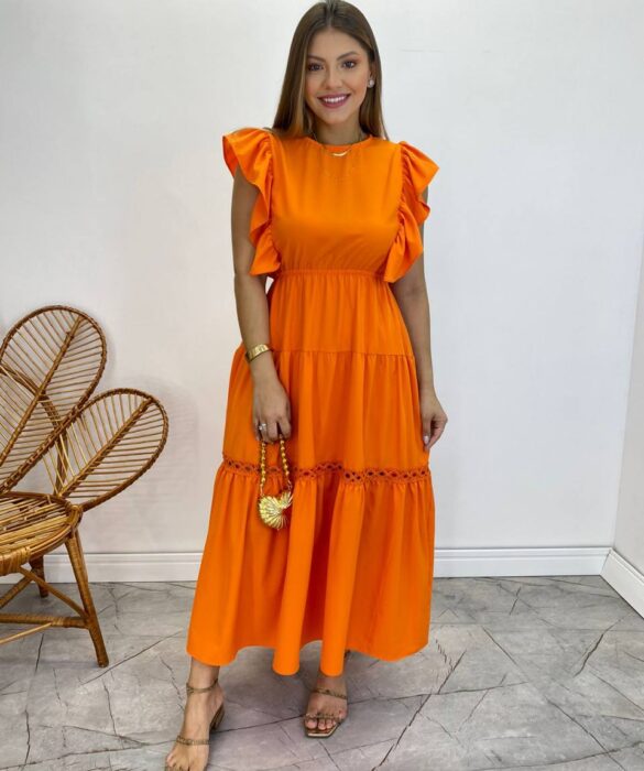 Vestido Midi sem Bojo Aurora com Babado Laranja - Fernanda Ramos Store