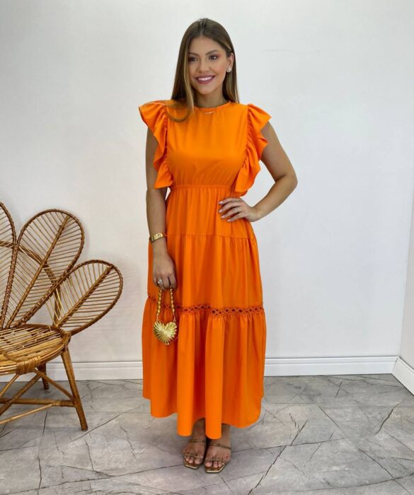 Vestido Midi sem Bojo Aurora com Babado Laranja - Fernanda Ramos Store