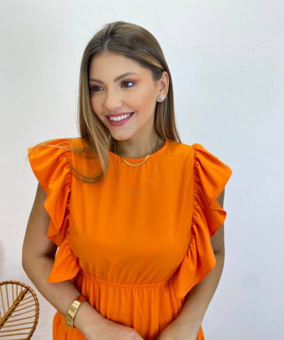 Vestido Midi sem Bojo Aurora com Babado Laranja - Fernanda Ramos Store