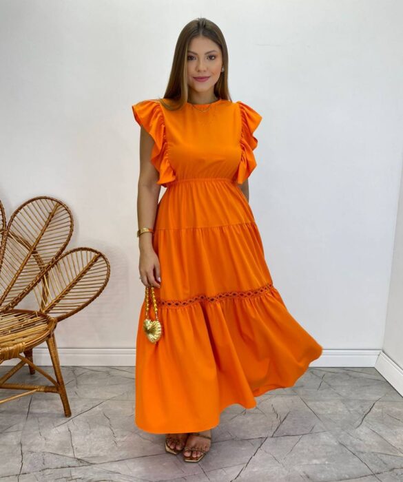 Vestido Midi sem Bojo Aurora com Babado Laranja - Fernanda Ramos Store