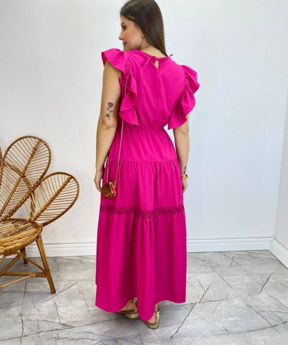 Vestido Midi sem Bojo Aurora com Babado Pink - Fernanda Ramos Store