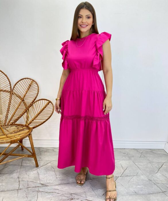 Vestido Midi sem Bojo Aurora com Babado Pink - Fernanda Ramos Store