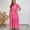 Vestido Midi sem Bojo Aurora com Babado Rosa - Fernanda Ramos Store