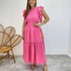 Vestido Midi sem Bojo Aurora com Babado Rosa - Fernanda Ramos Store