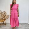 Vestido Midi sem Bojo Aurora com Babado Rosa - Fernanda Ramos Store