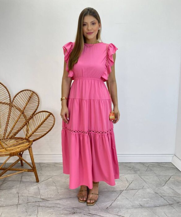 Vestido Midi sem Bojo Aurora com Babado Rosa - Fernanda Ramos Store